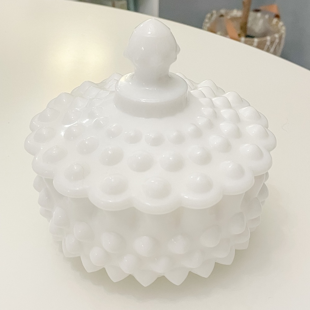 Vintage Fenton Hobnail Milk Glass Candy Dish with Lid